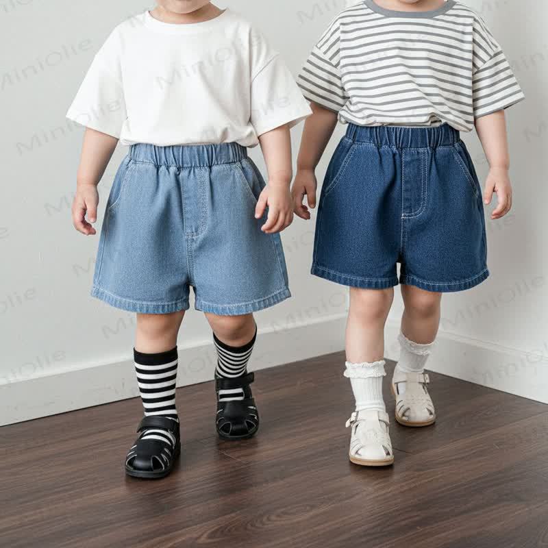 Pantaloncini in denim tinta unita per neonati e bambini - image 3