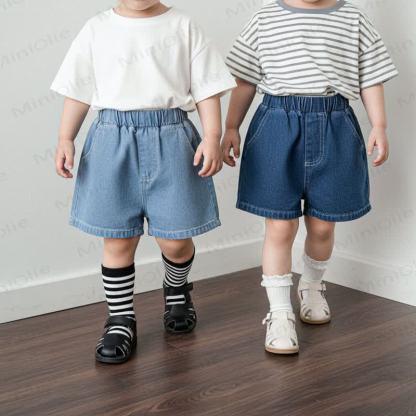 Pantaloncini in denim tinta unita per neonati e bambini - image 3