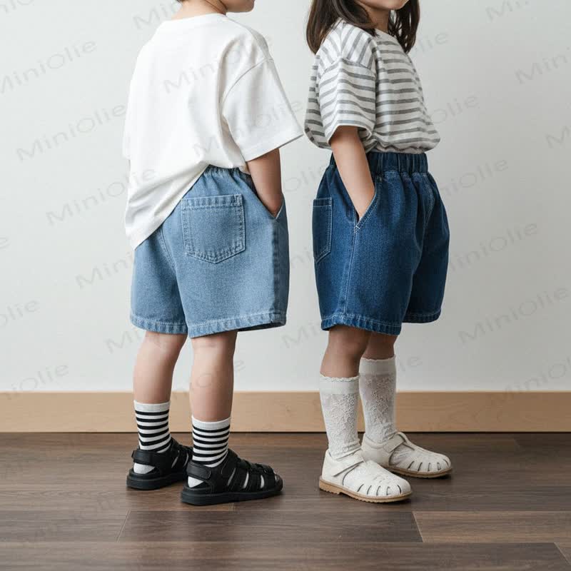Pantaloncini in denim tinta unita per neonati e bambini - image 4