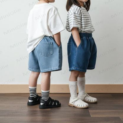 Pantaloncini in denim tinta unita per neonati e bambini - image 4