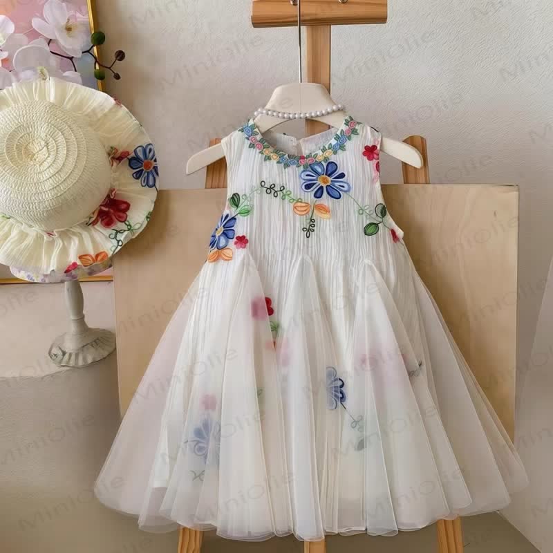 Vestito senza maniche a rete con fiori per bambina - Bianco - 8-9T - image 1