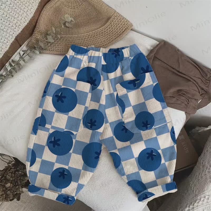 Pantaloni in velluto a coste blu a scacchi per neonati e bambini - Beige e blu - 5-7T - image 1