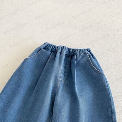 Top con fiori bianchi per bambina/pantaloni con fiocco in denim blu - image 4