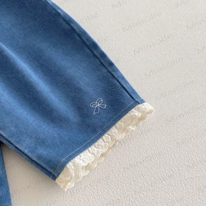 Top con fiori bianchi per bambina/pantaloni con fiocco in denim blu - image 7