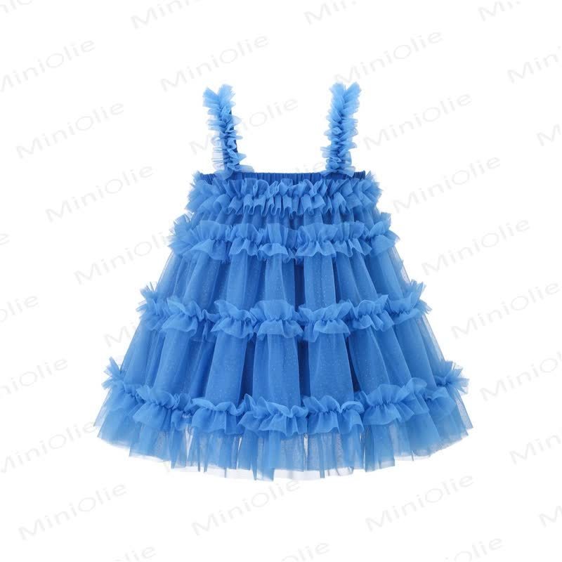 Vestito con spalline in rete blu tinta unita per bambina - image 2