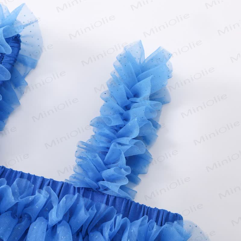 Vestito con spalline in rete blu tinta unita per bambina - image 4