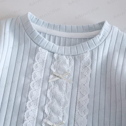 Maglietta con fiocco in pizzo a coste per bambina - image 5