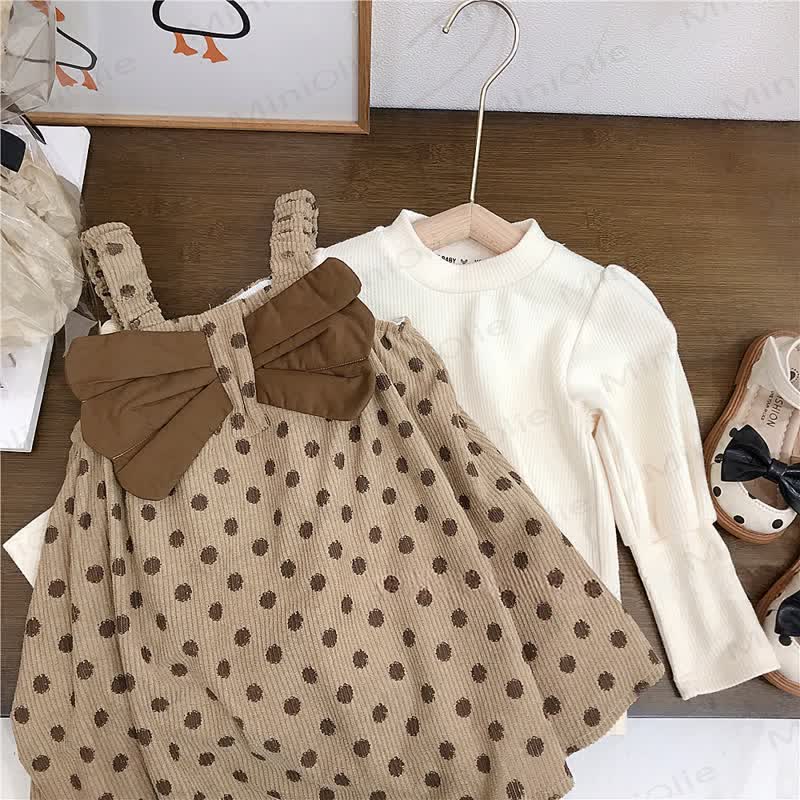 Vestito a coste con fiocco e pois per bambina - image 2