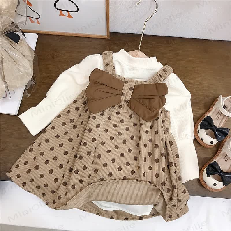 Vestito a coste con fiocco e pois per bambina - Cachi - 10 anni - image 1