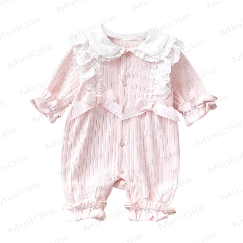 Tutina in pizzo con fiocco per neonato, tinta unita - image 7