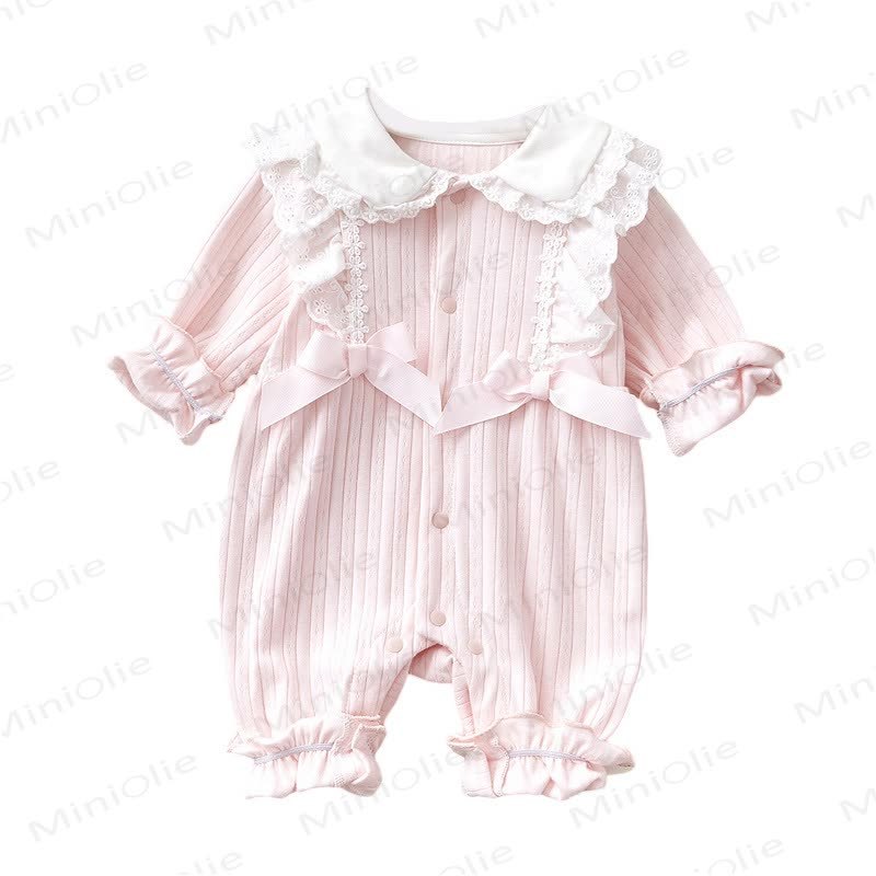 Tutina in pizzo con fiocco per neonato, tinta unita - image 7