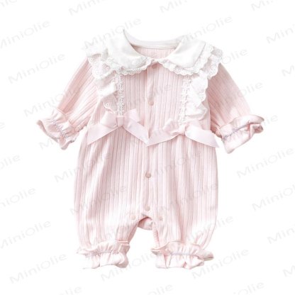 Tutina in pizzo con fiocco per neonato, tinta unita - image 7