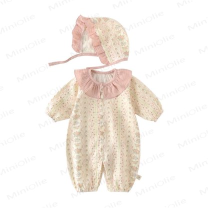 Tutina con colletto floreale e cappello per neonata - image 2