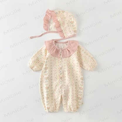 Tutina con colletto floreale e cappello per neonata - Beige - 18-24 mesi - image 1