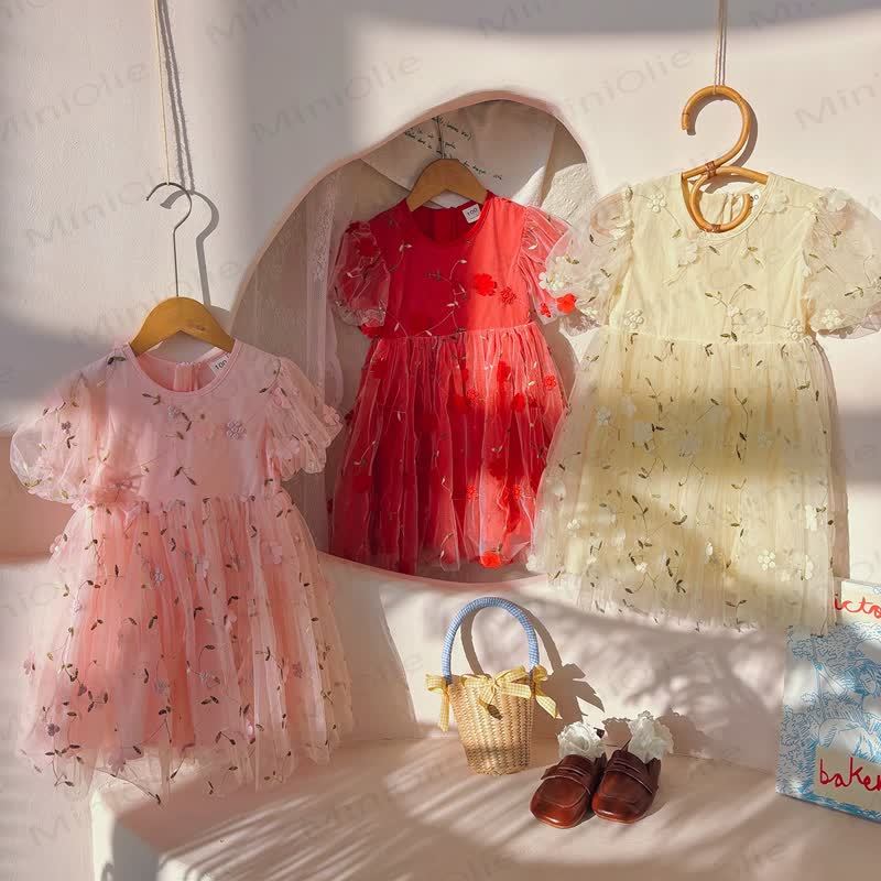 Vestito con maniche a sbuffo in rete a fiori per bambina - image 2