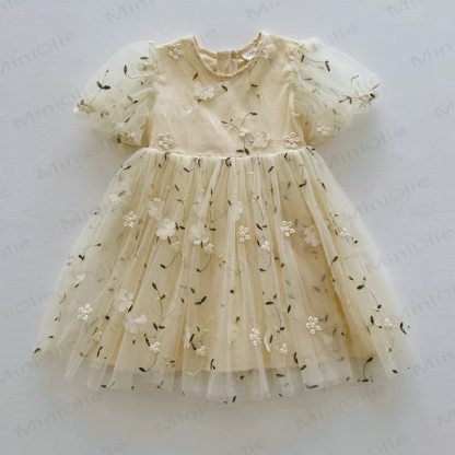 Vestito con maniche a sbuffo in rete a fiori per bambina - Beige - 8 anni - image 4