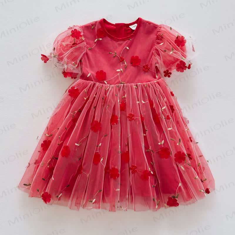 Vestito con maniche a sbuffo in rete a fiori per bambina - Rosso - 8 anni - image 6