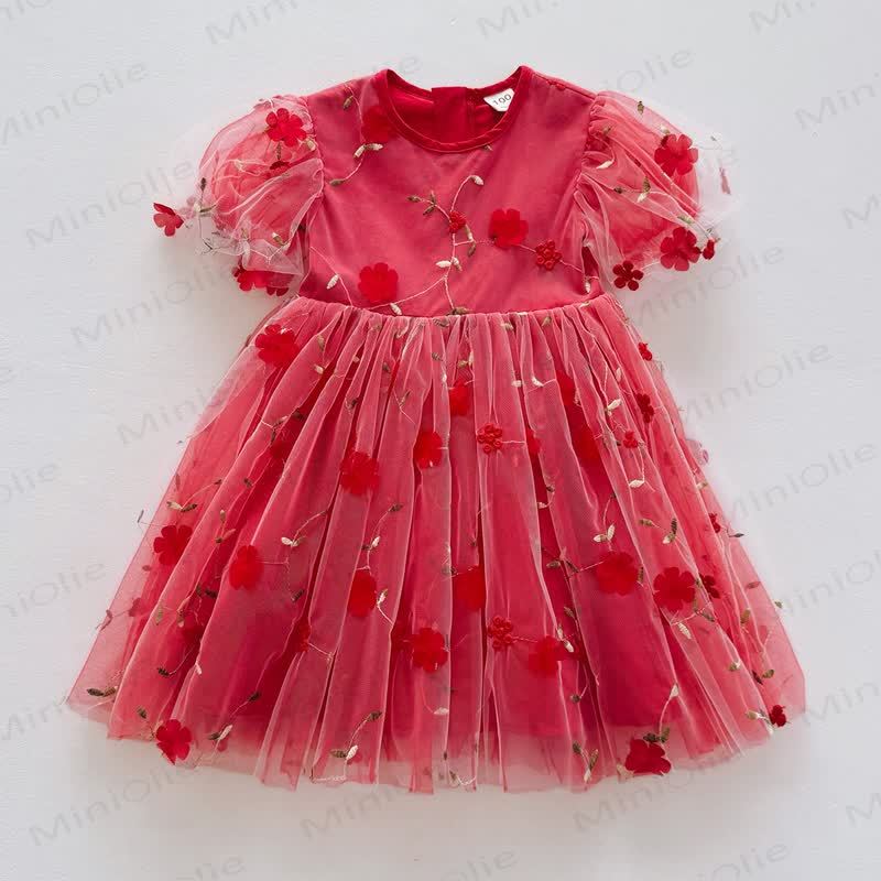 Vestito con maniche a sbuffo in rete a fiori per bambina - Rosso - 8 anni - image 6