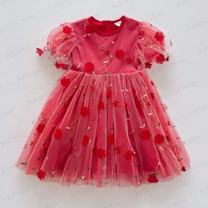 Vestito con maniche a sbuffo in rete a fiori per bambina - Rosso - 8 anni - image 6