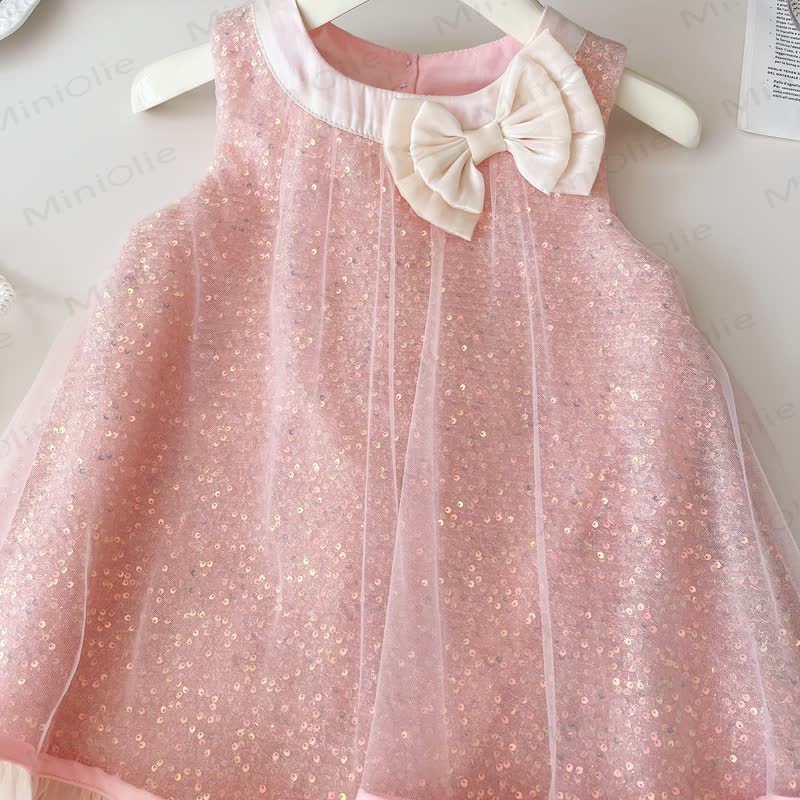 Vestito senza maniche con fiocco di paillettes rosa per bambina - image 3