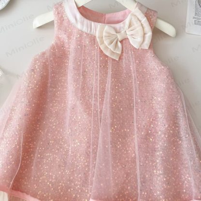 Vestito senza maniche con fiocco di paillettes rosa per bambina - image 3