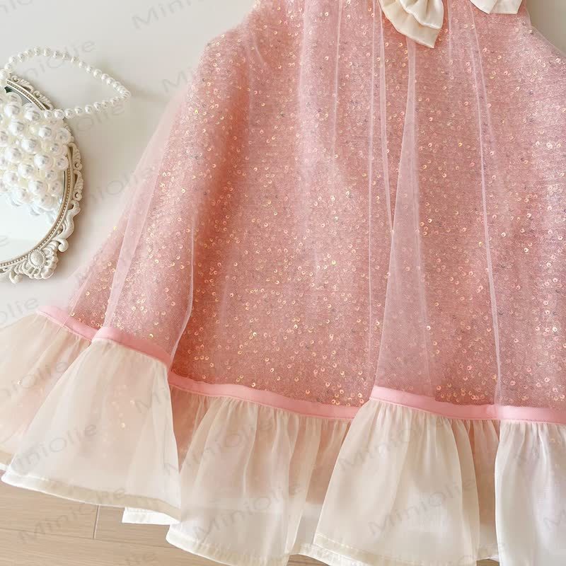 Vestito senza maniche con fiocco di paillettes rosa per bambina - image 4