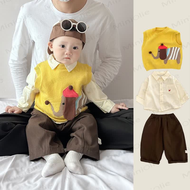 Canotta in maglia a forma di cane per neonato/top beige/pantaloni marroni - image 1