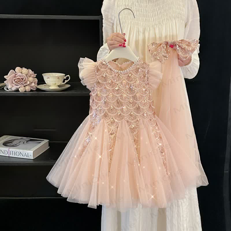 Vestito con maniche a palloncino in rete con paillettes per bambina - image 2