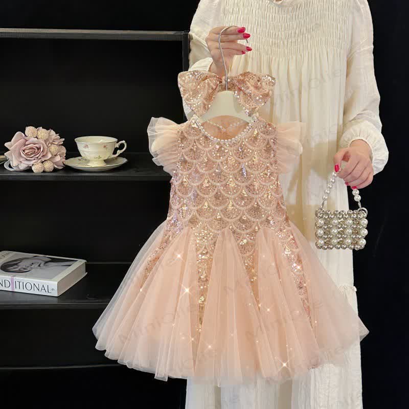 Vestito con maniche a palloncino in rete con paillettes per bambina - Rosa - 12 anni - image 1