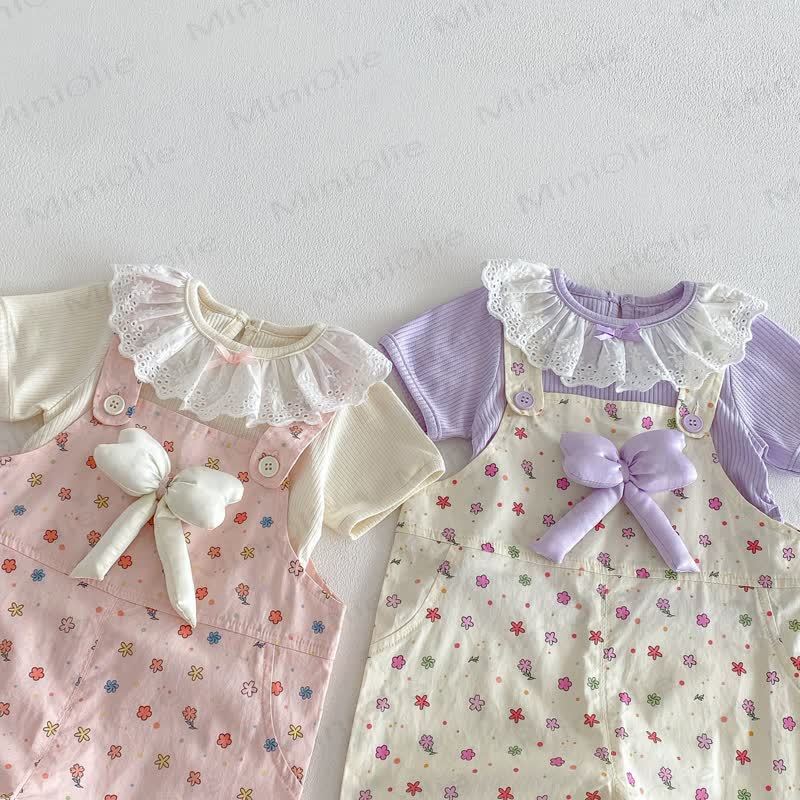 Tutina con fiocco e fiori per bambina/Top in pizzo tinta unita - image 3