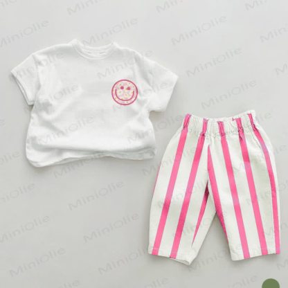 Set da 2 pezzi a righe verticali rosa con faccina sorridente Baby Daisy - Bianco e rosa - 2-3T - image 1