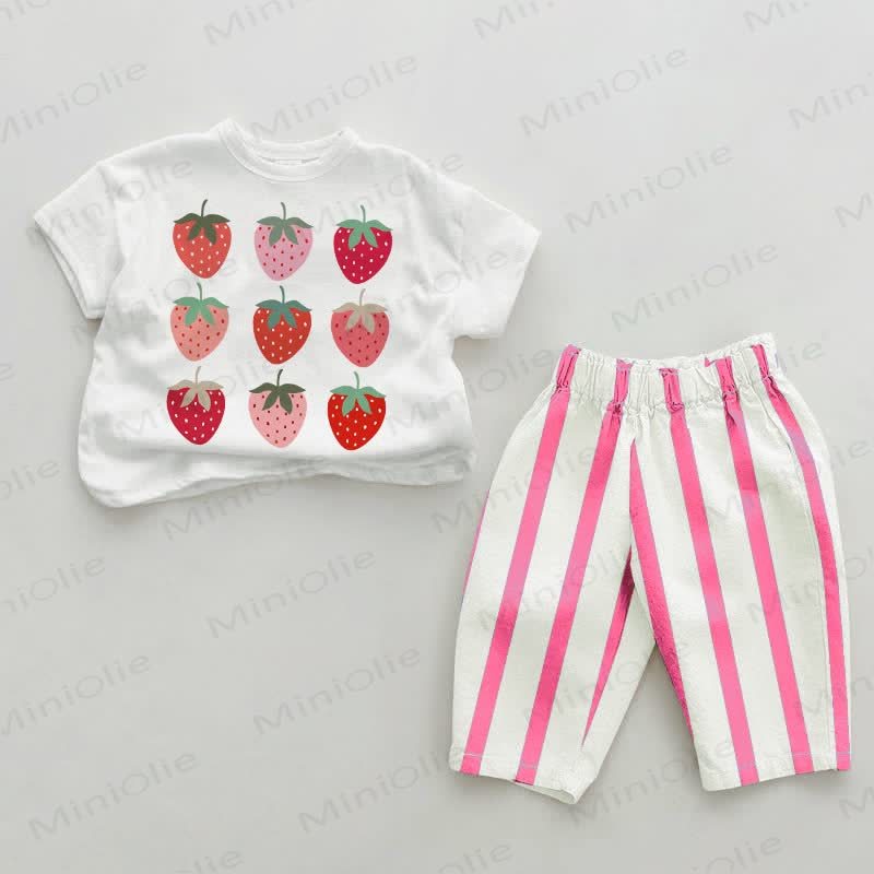 Set da 2 pezzi a righe verticali rosa fragola - Bianco e rosa - 2-3T - image 1