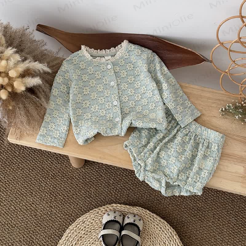 Completo in maglia da 2 pezzi con fiori ricamati per bambina - Verde - 2-3 anni - image 1