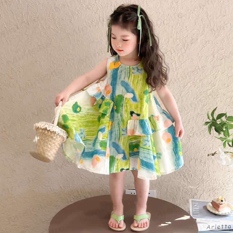 Vestito senza maniche a blocchi di colore con stampa floreale per bambina - image 2