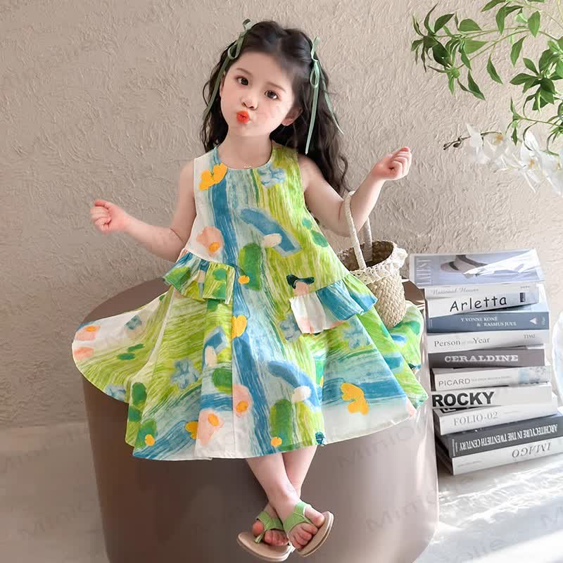 Vestito senza maniche a blocchi di colore con stampa floreale per bambina - image 3