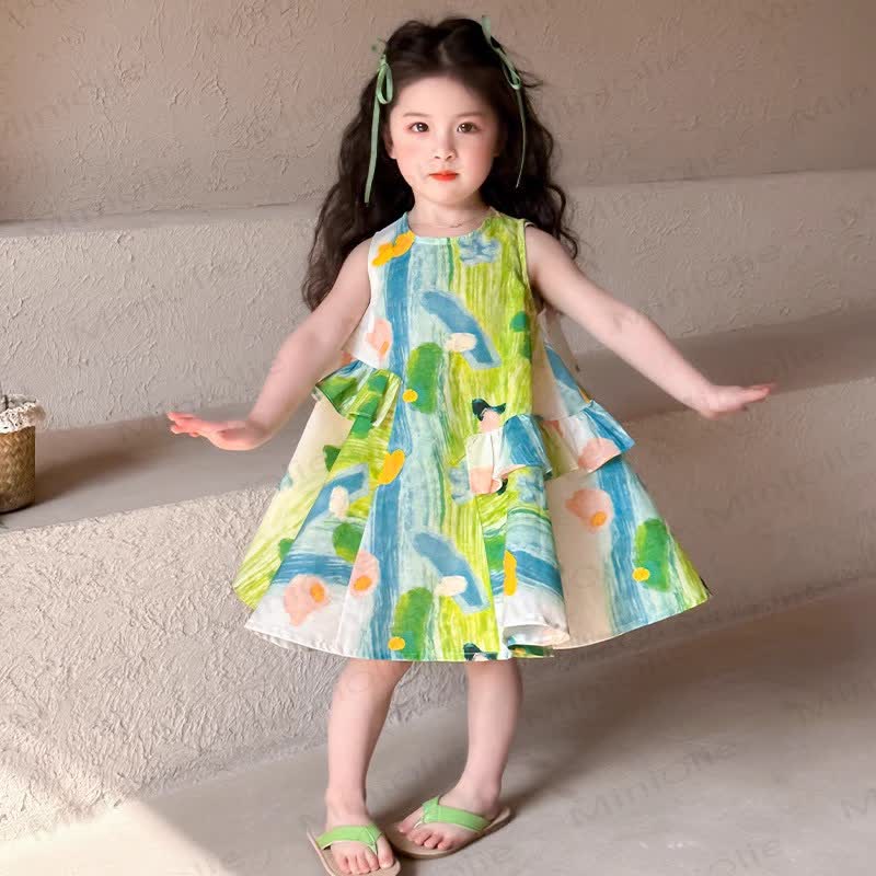 Vestito senza maniche a blocchi di colore con stampa floreale per bambina - image 4