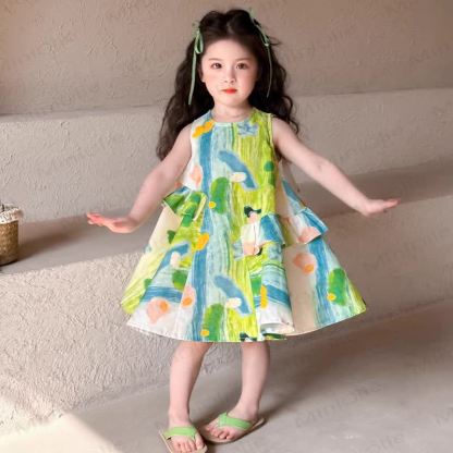 Vestito senza maniche a blocchi di colore con stampa floreale per bambina - image 4