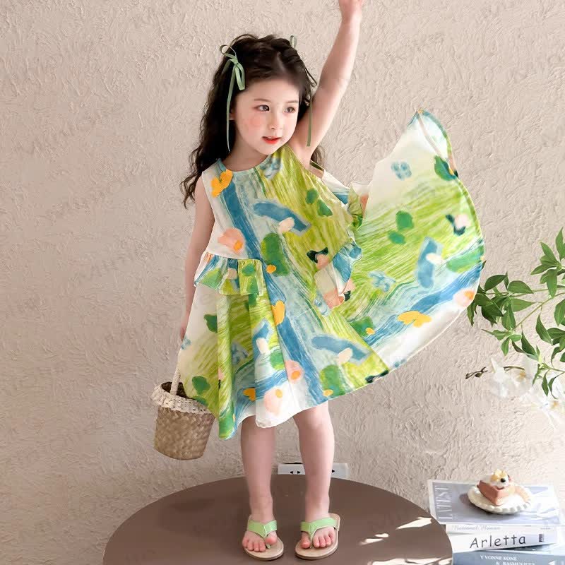 Vestito senza maniche a blocchi di colore con stampa floreale per bambina - image 5