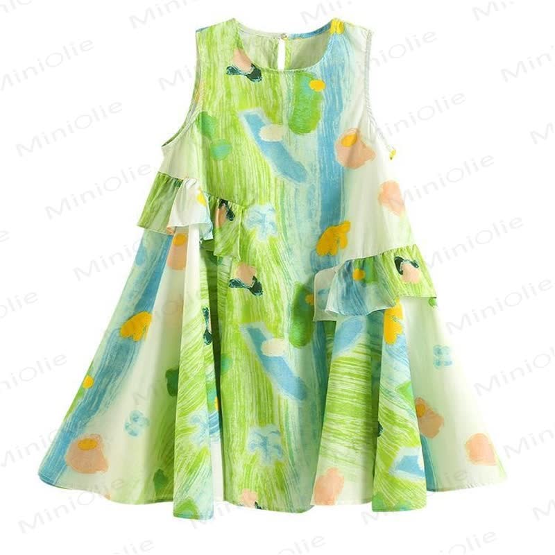 Vestito senza maniche a blocchi di colore con stampa floreale per bambina - Verde - 6-7T - image 1