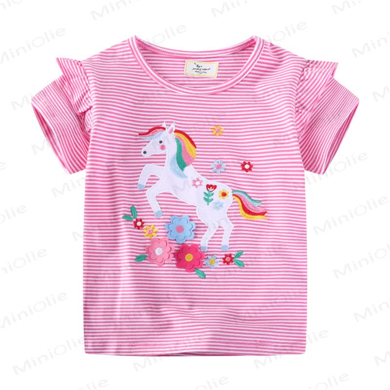 Maglietta a righe con fiori e pony per bambini - Rosa - 7T - image 1
