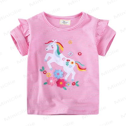 Maglietta a righe con fiori e pony per bambini - Rosa - 7T - image 1