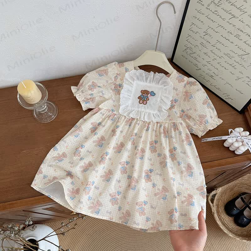 Vestito in pizzo con fiocchi e orsetto innamorato per bambina - Beige - 8 anni - image 1