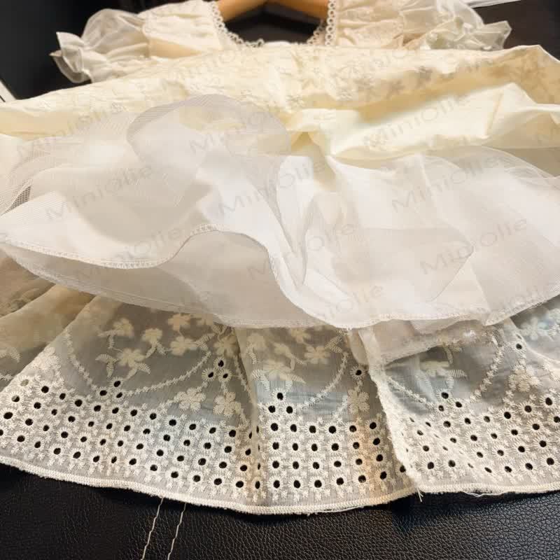 Vestito tutù in rete con fiocco floreale beige per bambina - image 5