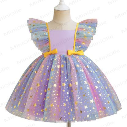 Vestito in rete con fiocco arcobaleno e stelle per bambina - image 5