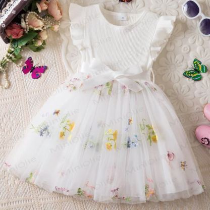 Vestito in rete con fiocco ricamato a fiori per bambina - Bianco - 5 anni - image 1