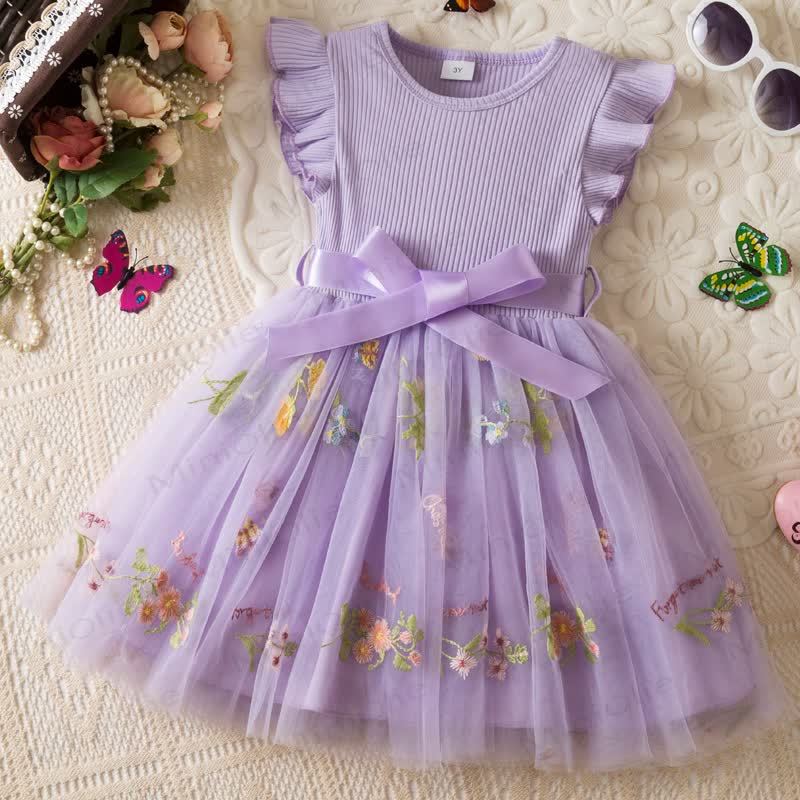 Vestito in rete con fiocco ricamato a fiori per bambina - Viola - 5 anni - image 4