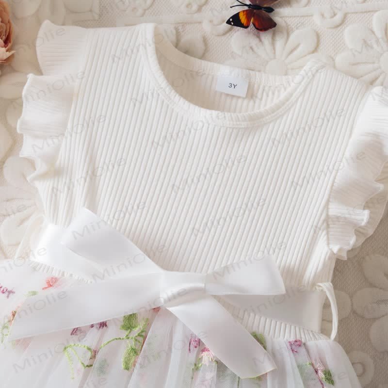 Vestito in rete con fiocco ricamato a fiori per bambina - image 5