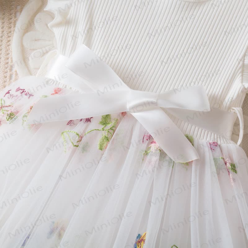 Vestito in rete con fiocco ricamato a fiori per bambina - image 6