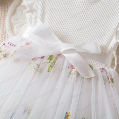 Vestito in rete con fiocco ricamato a fiori per bambina - image 6