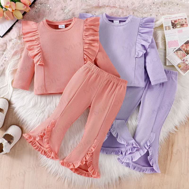 Completo da 2 pezzi in maglia a coste tinta unita per bambina - image 1